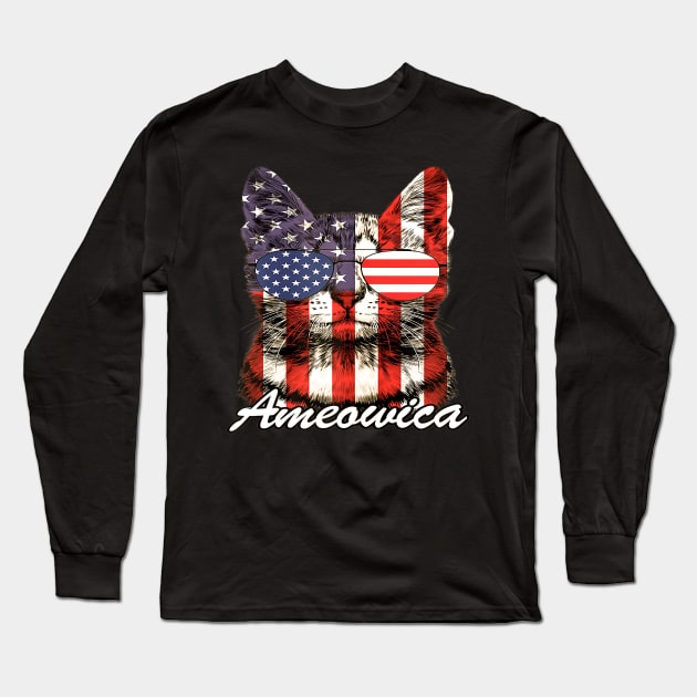 Cat Ameowica American Flag 4th Of July Patriotic Long Sleeve T-Shirt by Jannysingle